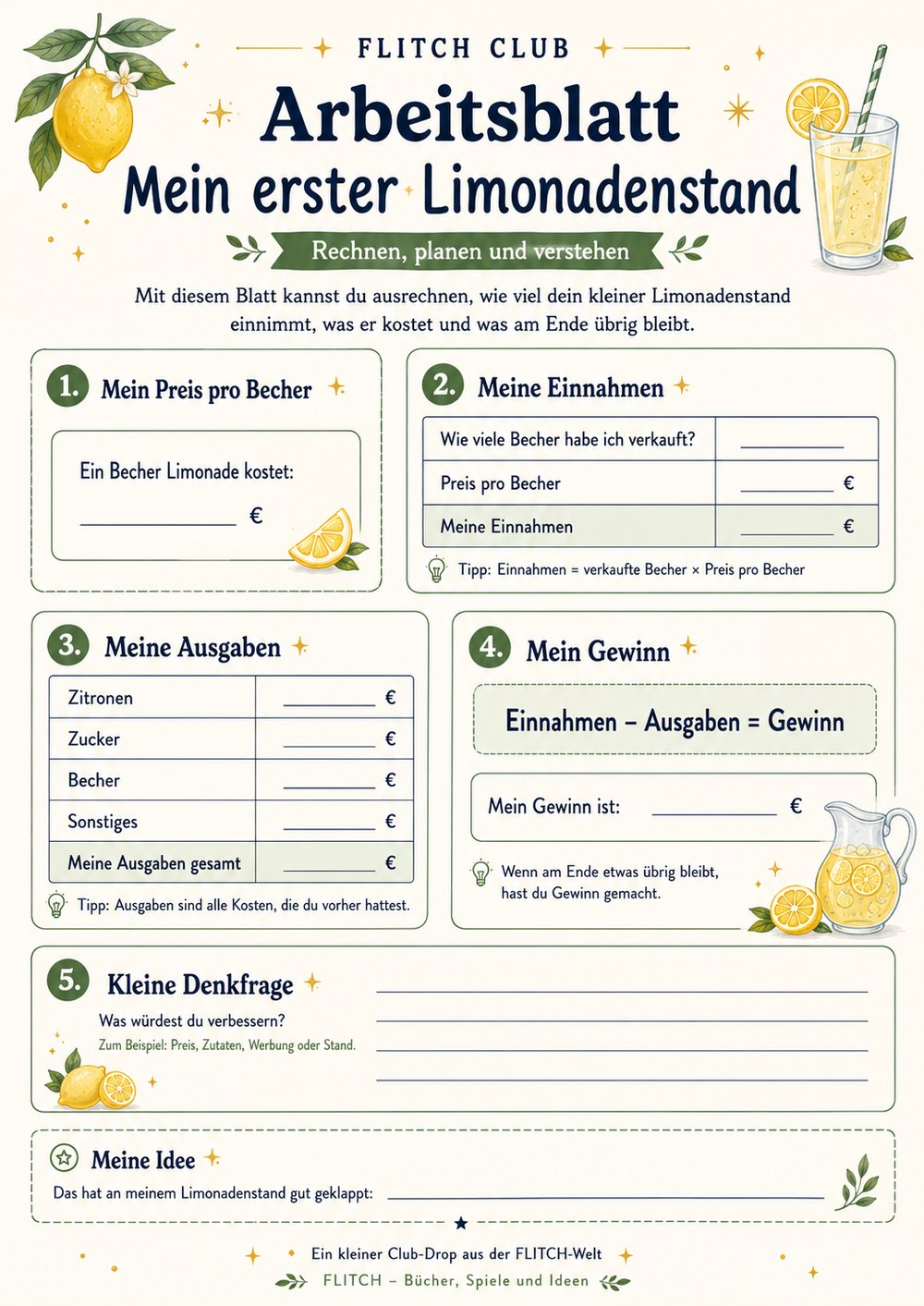 Mein erster Limonadenstand – Rechenblatt zum Ausdrucken
