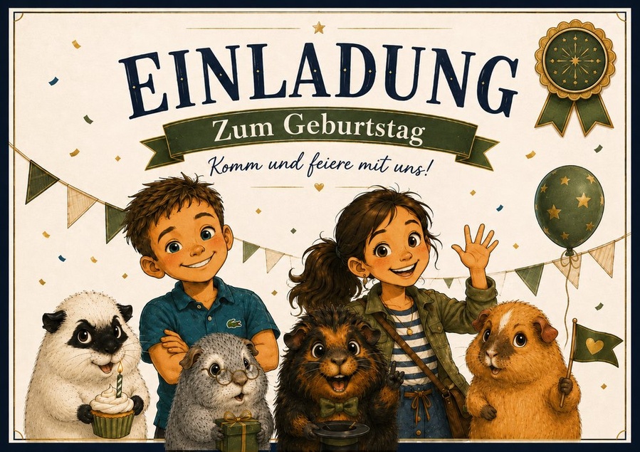 Party-Set Geburtstag mit Köpfchen: Einladungskarte mit Kindern und Meerschweinchen