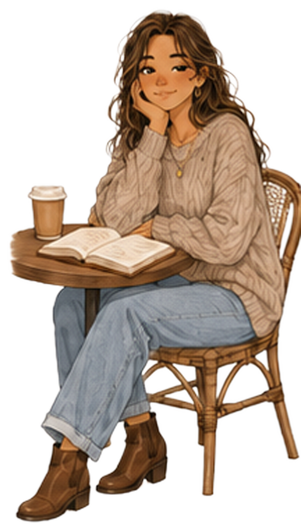 Mila sitzt mit Buch und Kaffee im Café