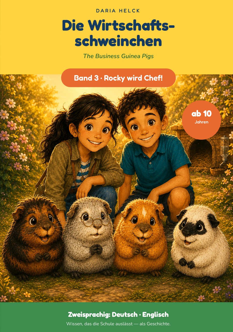 Cover: Die Wirtschaftsschweinchen Band 3, Rocky wird Chef! Kinderbuch über Firmengründung, Umsatz und Gewinn ab 10 Jahren