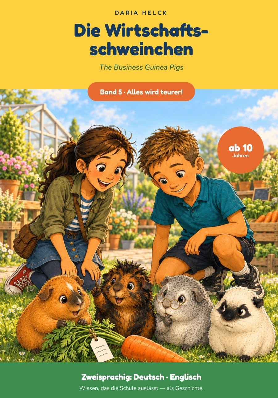 Cover: Die Wirtschaftsschweinchen Band 5, Alles wird teurer! Kinderbuch über Inflation, Kaufkraft und Preise ab 10 Jahren