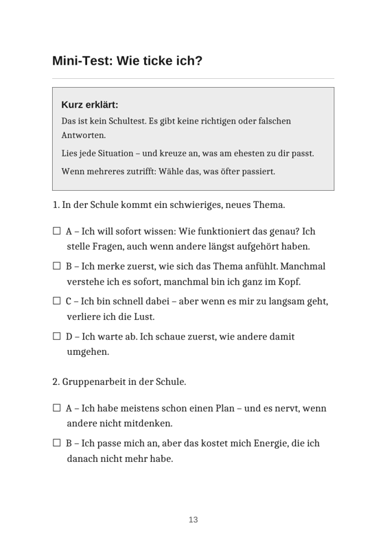 Mini-Test: Wie ticke ich? – Innenseite aus Klar im Kopf, laut im Gefühl