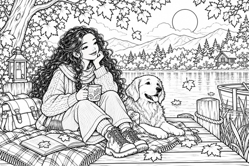 Ausmalbild Herbst: Mila mit Tasse und Hund am See