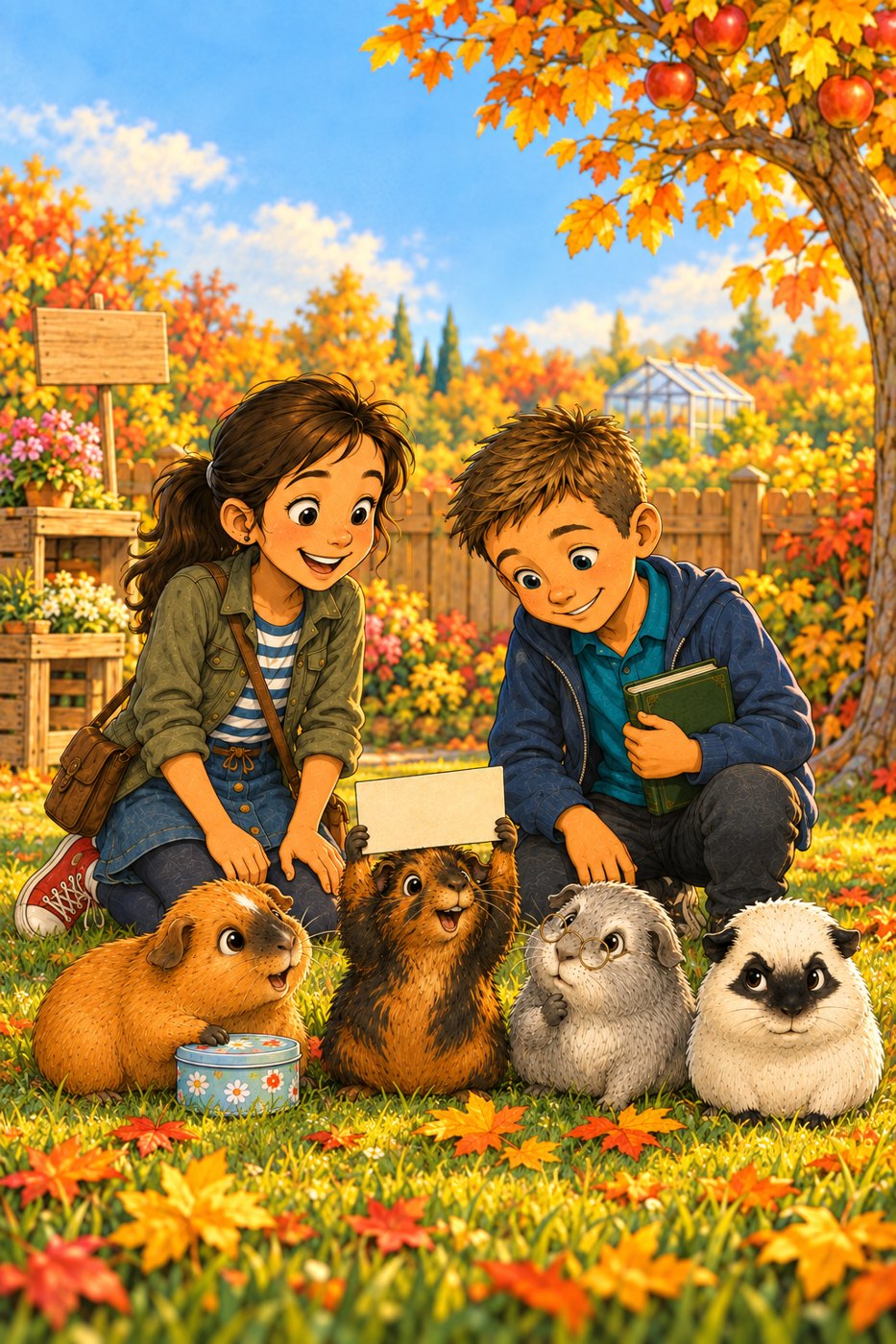 Titelmotiv von Band 6: Daria, Christian und die vier Meerschweinchen im Herbstlaub