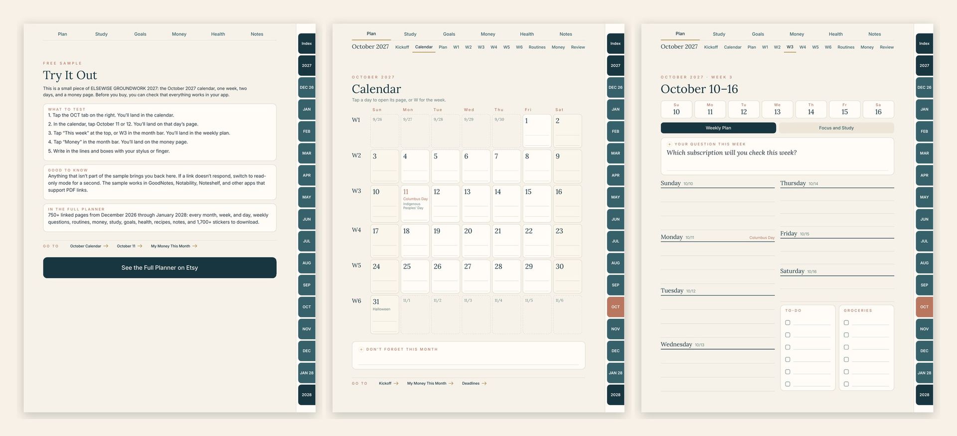 Tres páginas de la prueba gratuita: primeros pasos, calendario de octubre de 2027 y planificación semanal