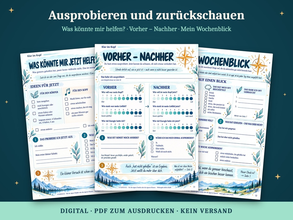 Drei Arbeitsseiten: Was könnte mir jetzt helfen?, Vorher – Nachher, Mein Wochenblick (Gefühlstagebuch KOPF VOLL?, FLITCH)