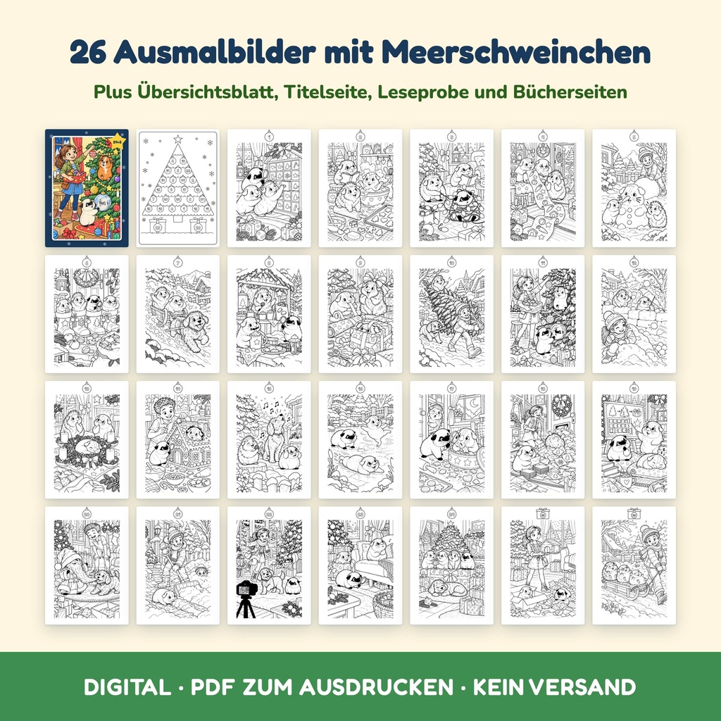 Alle 31 Seiten im Überblick – Adventskalender zum Ausmalen mit Übersichtsblatt, Leseprobe und Bücherseiten (FLITCH)