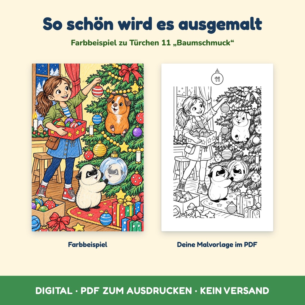 Farbbeispiel Baumschmuck neben der Vorlage – Adventskalender zum Ausmalen (FLITCH)