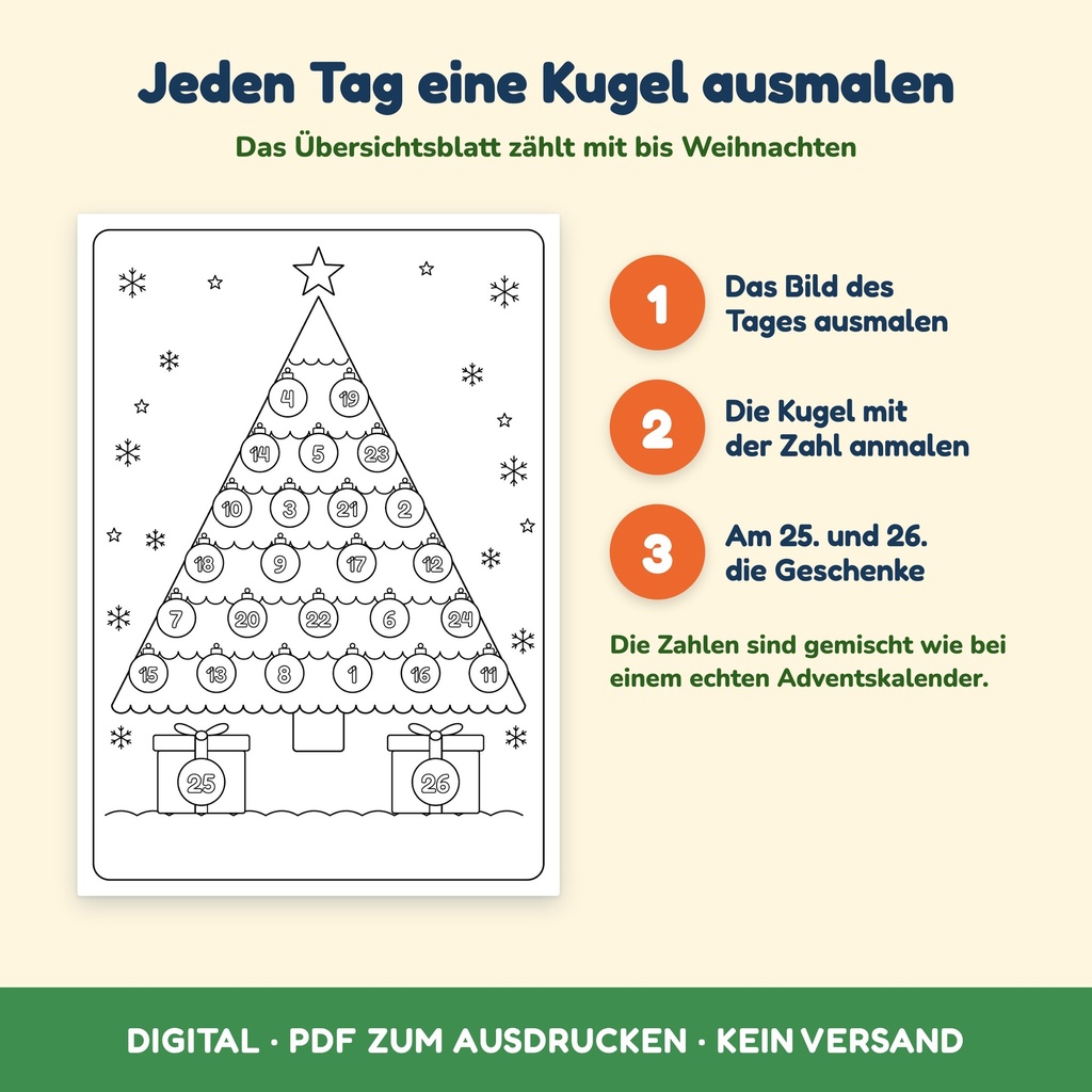 Übersichtsblatt: Weihnachtsbaum mit 24 Kugeln zum Ausmalen und Abhaken (Adventskalender, FLITCH)
