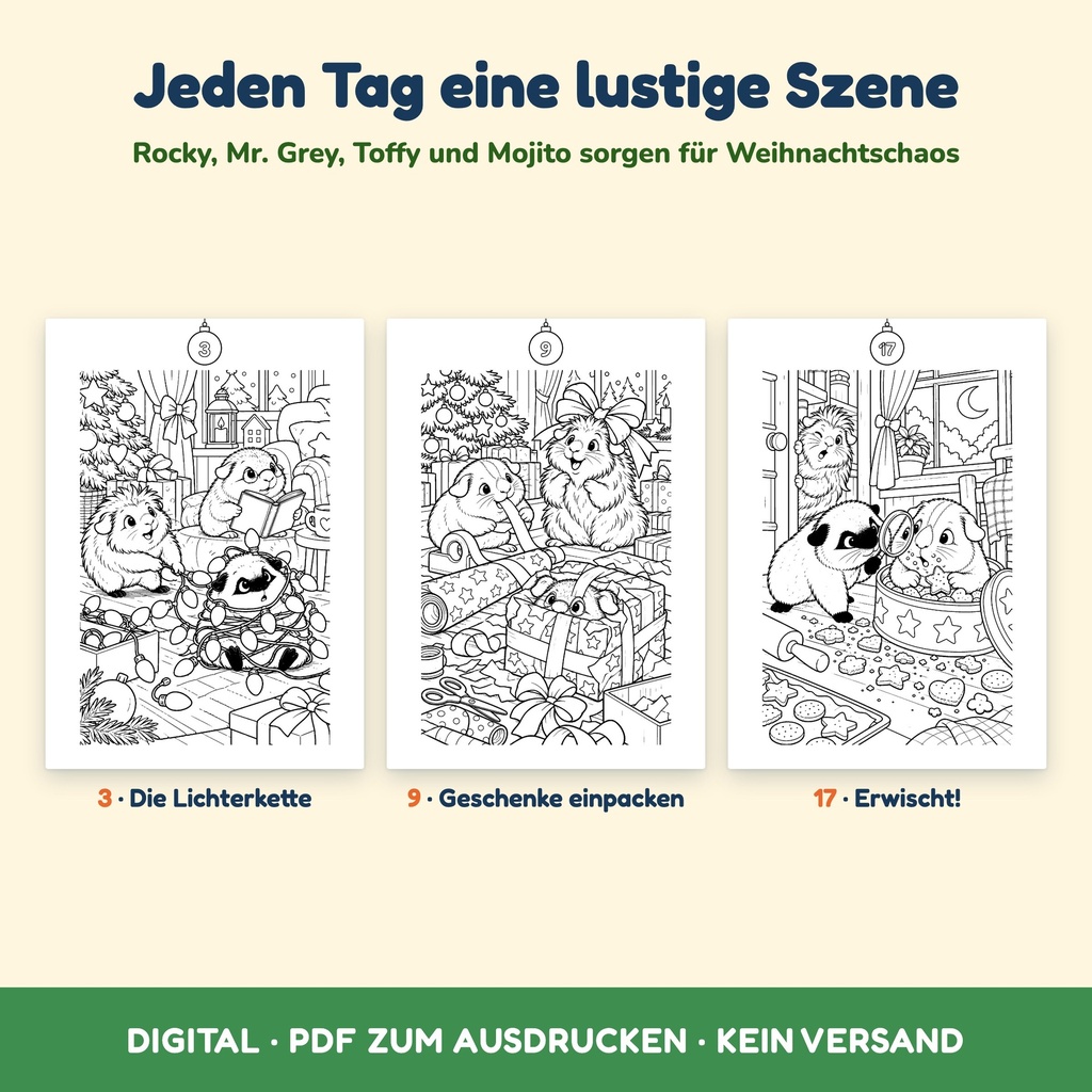 Lustige Szenen aus den Türchen 3, 9 und 17 – Ausmalbilder Weihnachten mit Meerschweinchen (FLITCH)