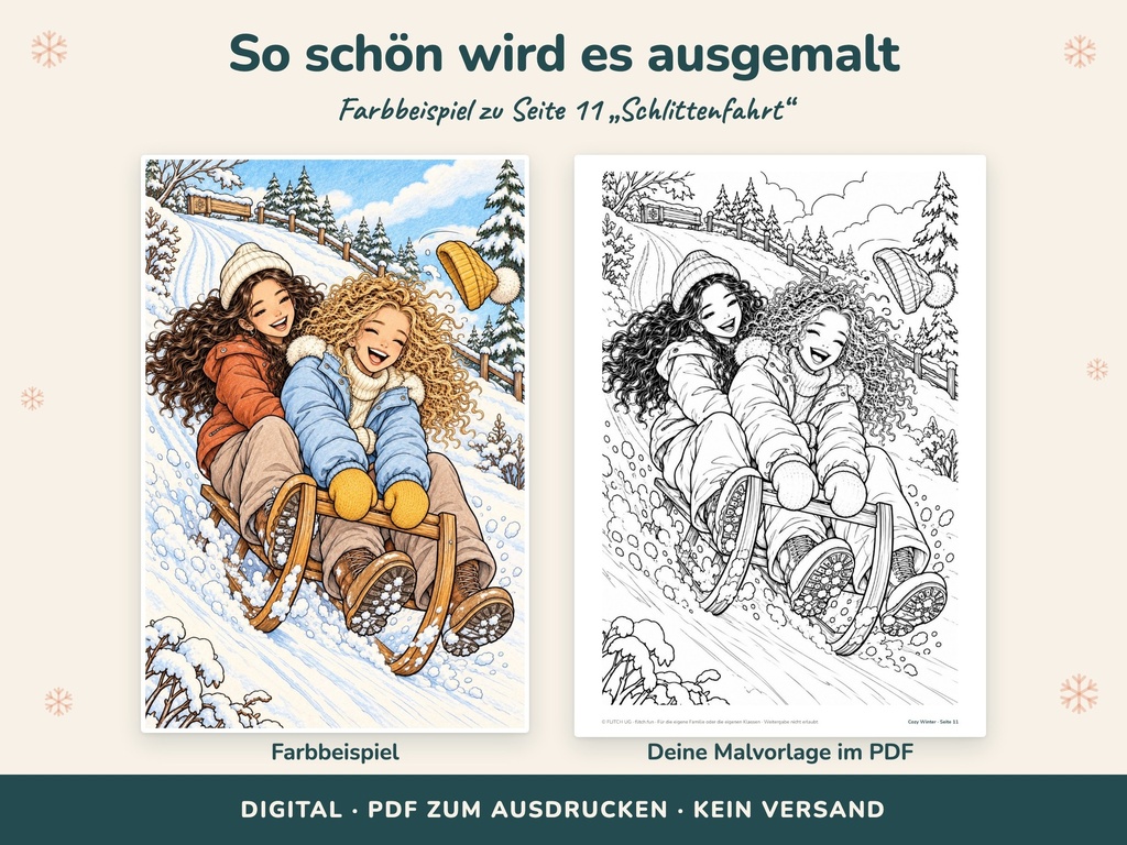Farbbeispiel Schlittenfahrt neben der Malvorlage – Cozy Malbuch Winter zum Ausdrucken (FLITCH)