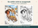 Farbbeispiel Schlittenfahrt neben der Malvorlage – Cozy Malbuch Winter zum Ausdrucken (FLITCH)