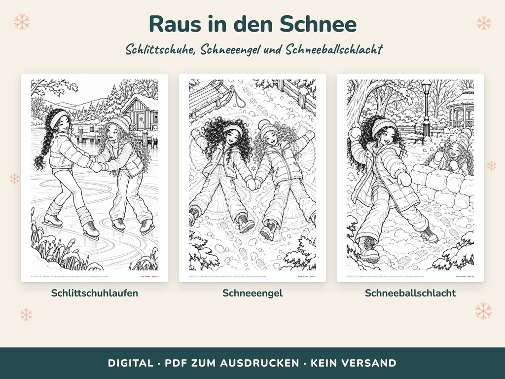 Raus in den Schnee: Schlittschuhlaufen, Schneeengel, Schneeballschlacht – Ausmalbilder Winter (FLITCH)