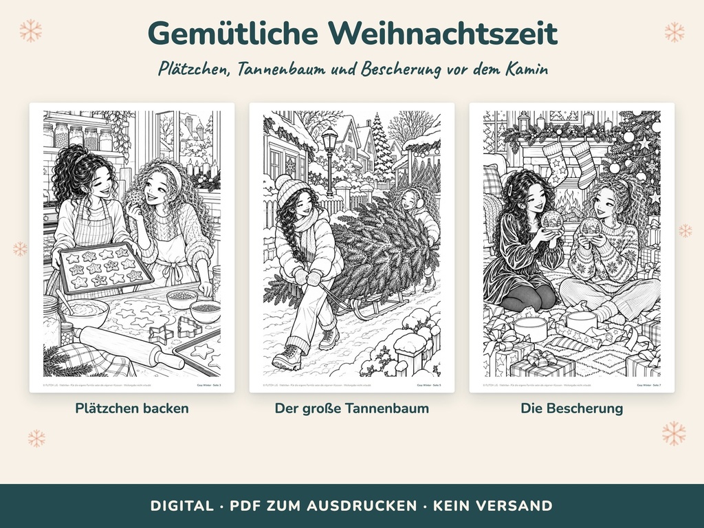 Gemütliche Weihnachtszeit: Plätzchen, Tannenbaum, Bescherung – Ausmalbilder (Cozy Malbuch, FLITCH)