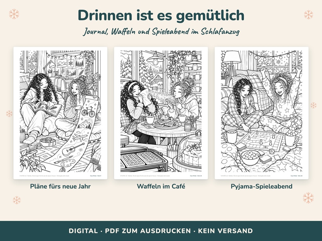 Drinnen ist es gemütlich: Journal, Waffeln, Pyjama-Spieleabend – Ausmalbilder (Cozy Malbuch, FLITCH)