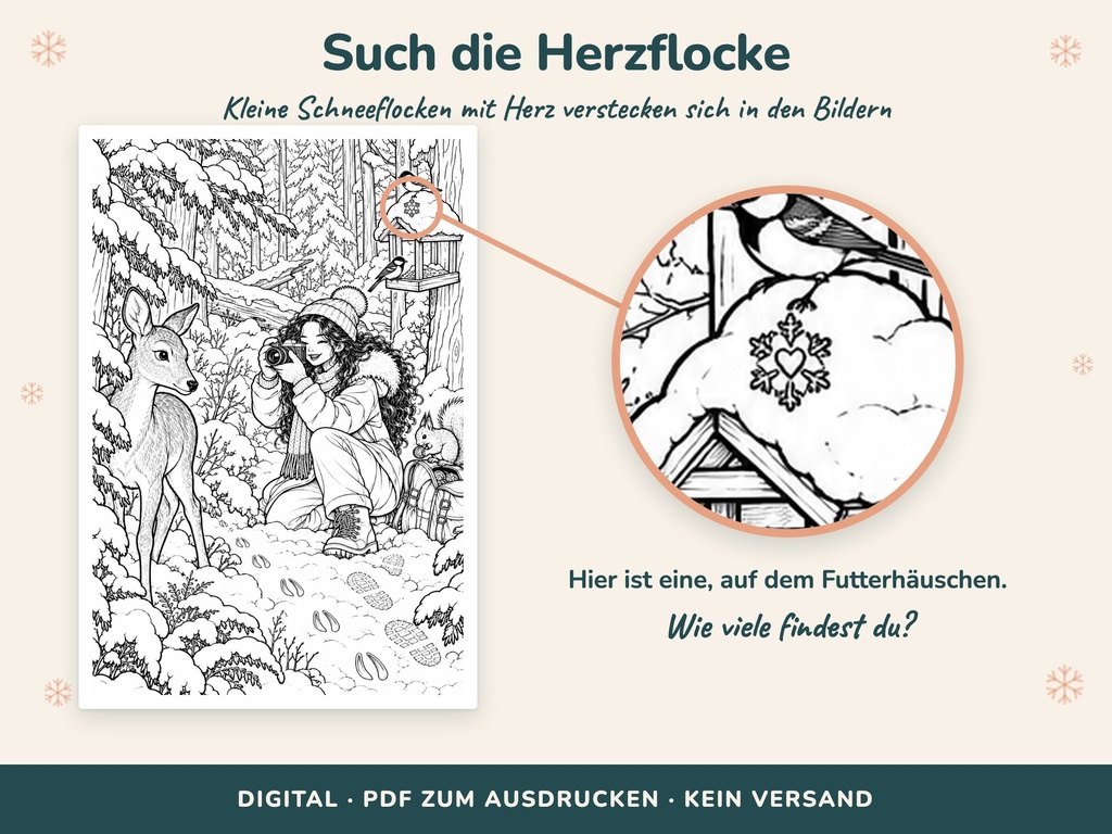 Herzflocken-Suchspiel: versteckte Schneeflocke mit Herz (Cozy Malbuch Winter, FLITCH)