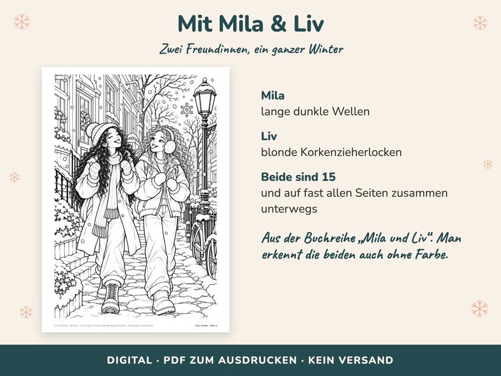 Mila und Liv aus der FLITCH-Buchreihe – die Figuren des Cozy Malbuchs Winter