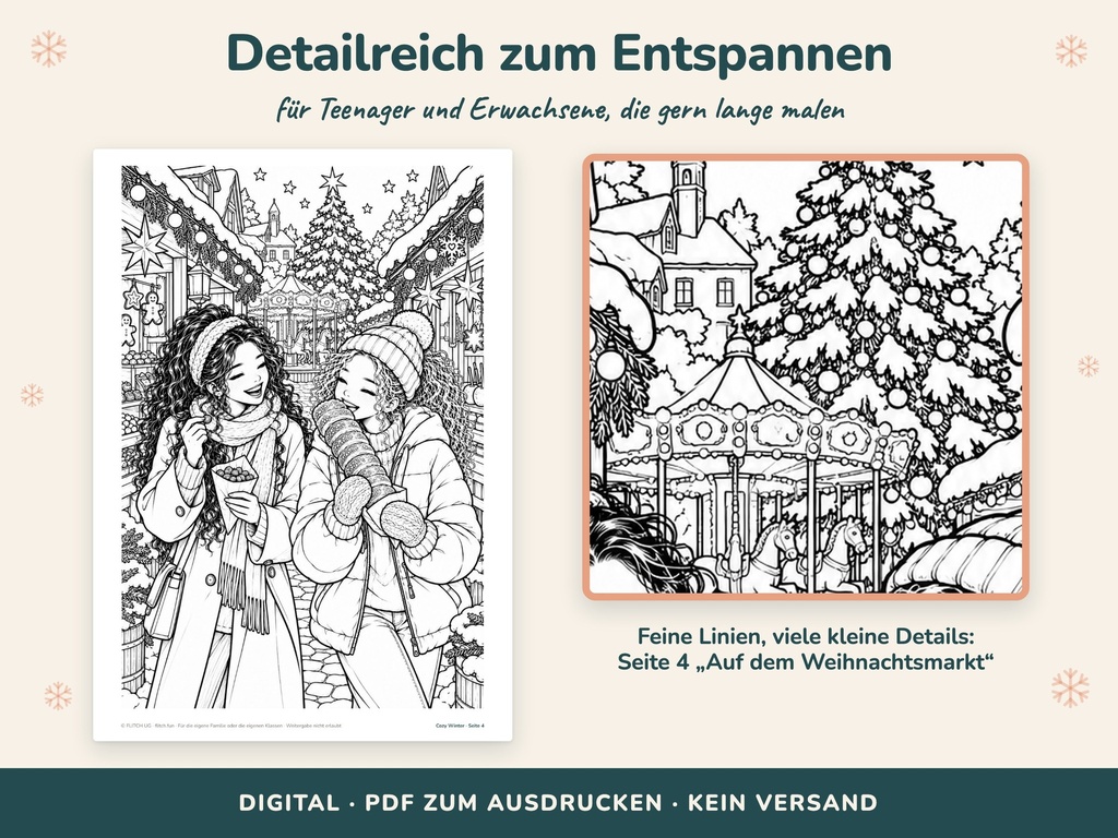 Detailreiche Malvorlage Weihnachtsmarkt in Nahaufnahme – Cozy Malbuch Winter (FLITCH)