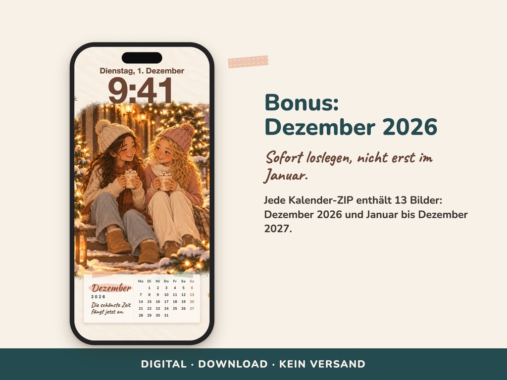 Bonus Dezember 2026: sofort starten – Kalender-Wallpaper mit Mila und Liv (FLITCH)