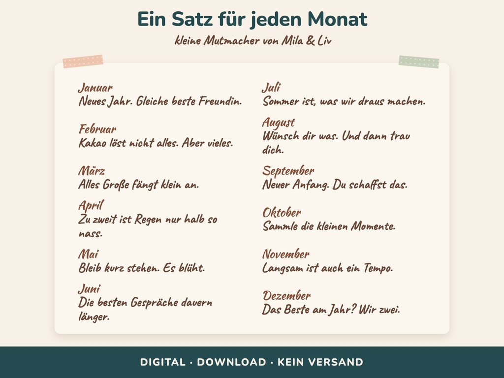 Die 12 Monatssätze – jeden Monat ein Satz für beste Freundinnen (Kalender-Wallpaper 2027, FLITCH)