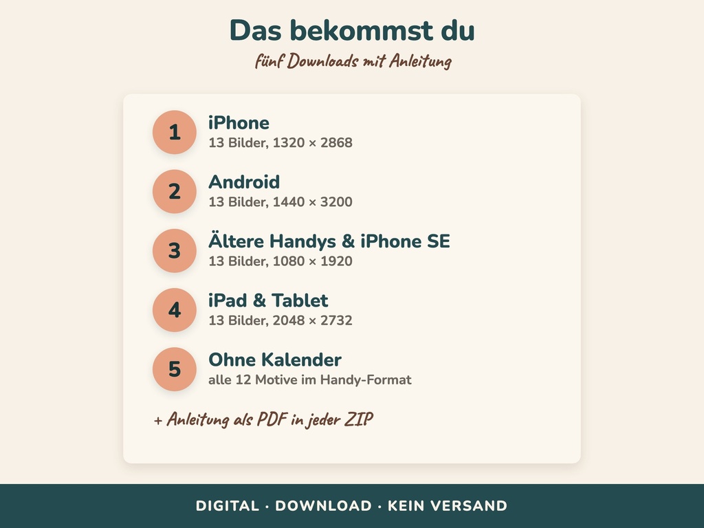 Das bekommst du: 5 ZIP-Ordner mit 13 Kalenderbildern je Format plus Wallpaper ohne Kalender (FLITCH)