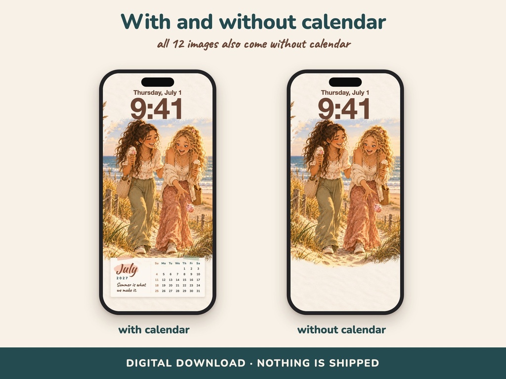 Every artwork with and without the calendar card – phone backgrounds Mila and Liv (FLITCH)