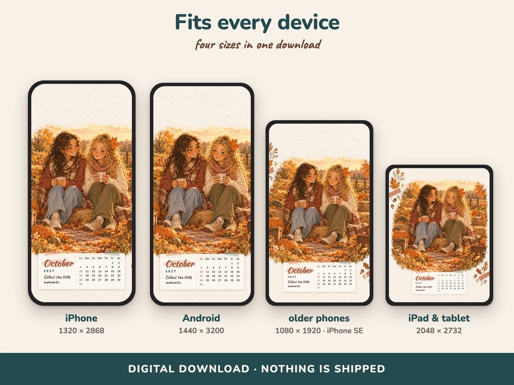 Four sizes: iPhone, Android, older phones, iPad (calendar wallpapers 2027, FLITCH)