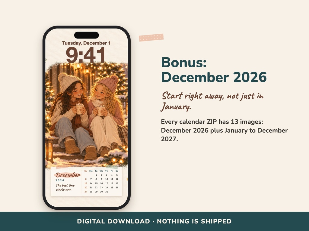 Bonus December 2026: start right away – calendar wallpaper with Mila and Liv (FLITCH)