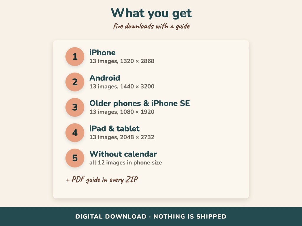 What you get: 5 ZIP folders with 13 calendar images per size plus plain wallpapers (FLITCH)