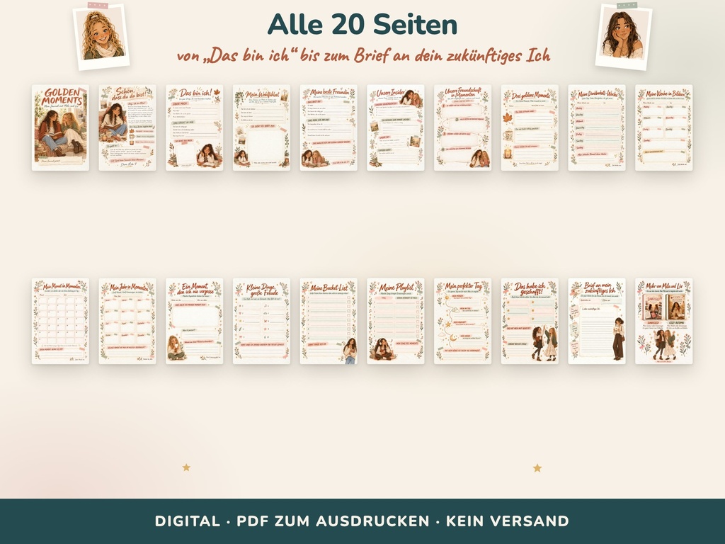 Alle 20 Journalseiten im Überblick – Golden Moments Mädchen-Journal (Mila & Liv, FLITCH)