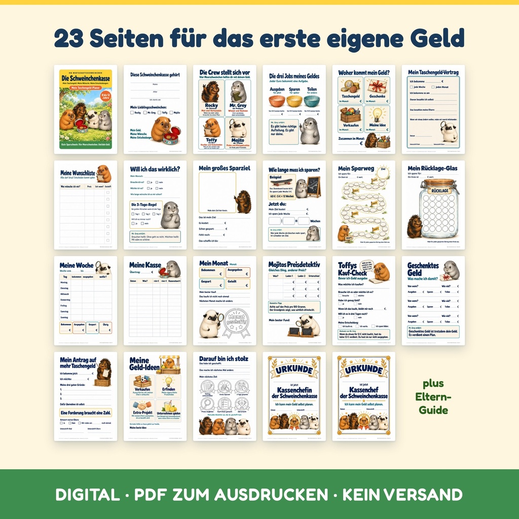 Alle 23 Seiten im Überblick – Taschengeld-Planer für Kinder zum Ausdrucken (Die Schweinchenkasse, FLITCH)