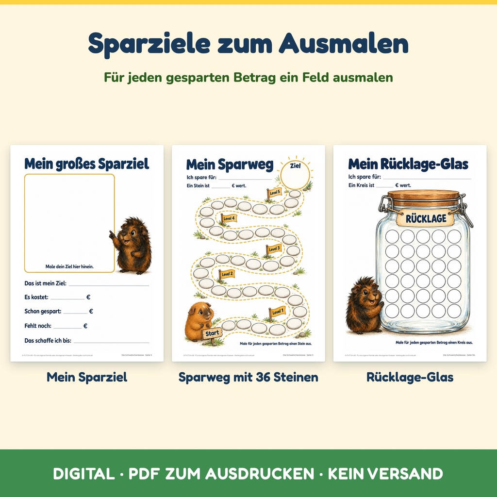 Sparziel, Sparweg und Rücklage-Glas – Taschengeld-Planer für Kinder zum Ausdrucken (Die Schweinchenkasse, FLITCH)