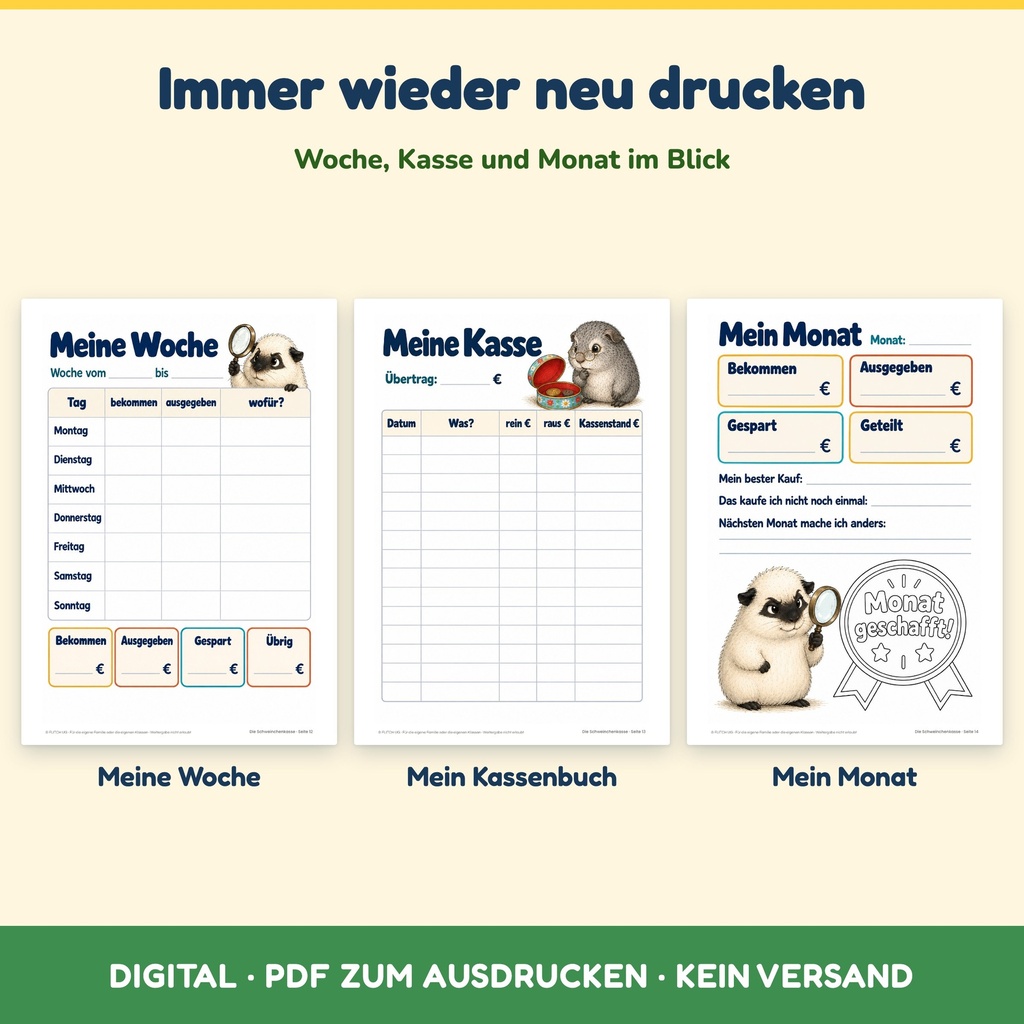 Woche, Kasse und Monat beliebig oft drucken – Kassenbuch für Kinder (Die Schweinchenkasse, FLITCH)