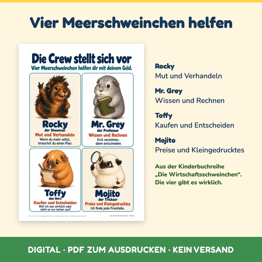 Die Wirtschaftsschweinchen-Crew: Rocky, Mr. Grey, Toffy und Mojito (Die Schweinchenkasse, FLITCH)