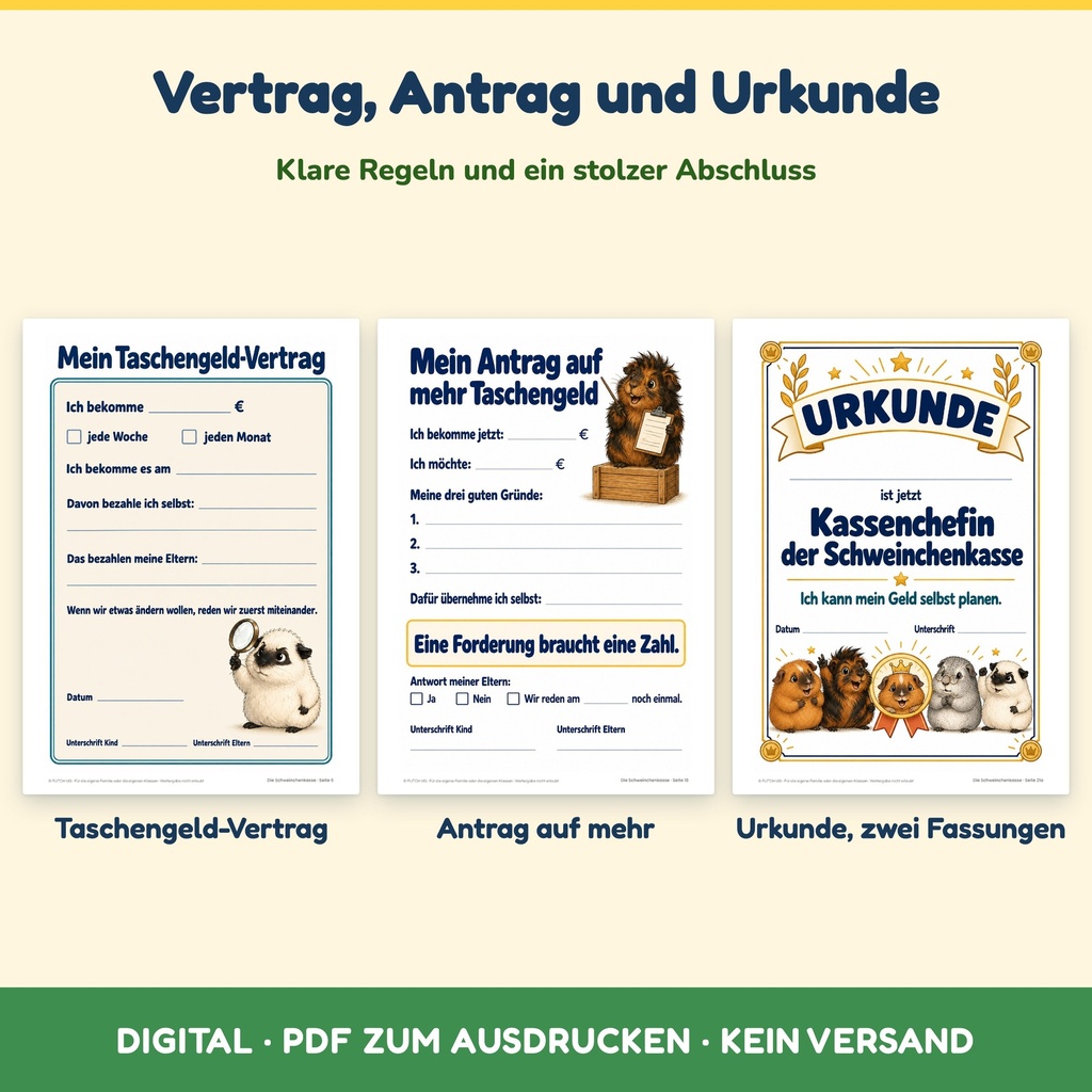 Taschengeldvertrag und Urkunde – Taschengeld-Planer für Kinder (Die Schweinchenkasse, FLITCH)