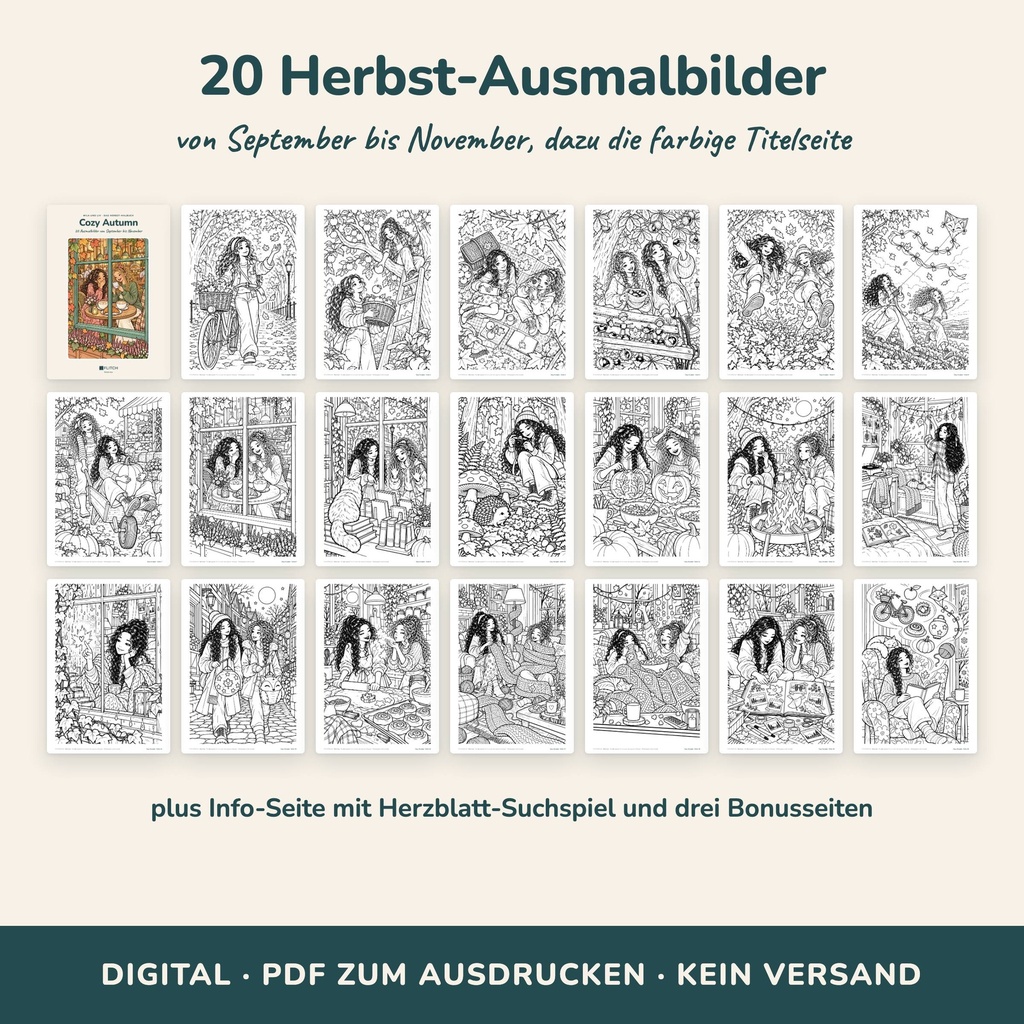 Alle 20 Ausmalbilder im Überblick – Cozy Malbuch Herbst (Mila & Liv, FLITCH)