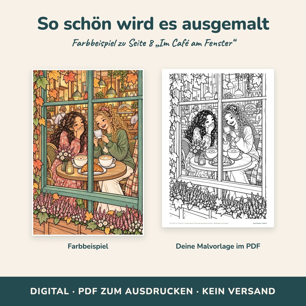 Farbbeispiel Im Café am Fenster – Cozy Malbuch Herbst zum Ausdrucken (FLITCH)