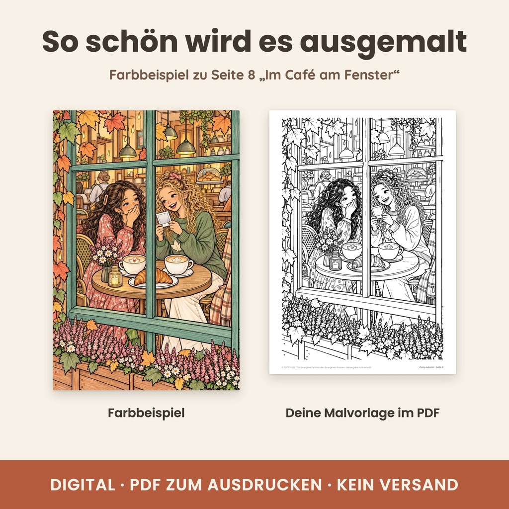 Farbbeispiel Im Café am Fenster – Cozy Malbuch Herbst zum Ausdrucken (FLITCH)