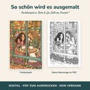 Farbbeispiel Im Café am Fenster – Cozy Malbuch Herbst zum Ausdrucken (FLITCH)