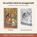 Farbbeispiel Im Café am Fenster – Cozy Malbuch Herbst zum Ausdrucken (FLITCH)