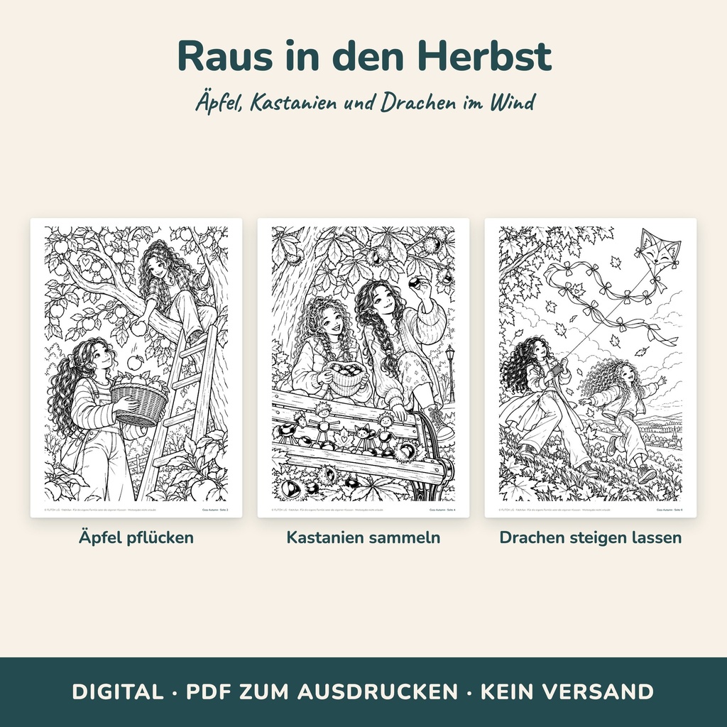 Raus in den Herbst: Radtour, Äpfel pflücken, Drachen – Ausmalbilder (Cozy Malbuch, FLITCH)