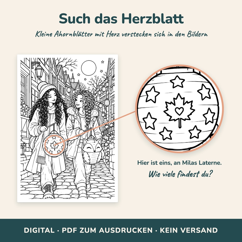 Herzblatt-Suchspiel: verstecktes Ahornblatt mit Herz auf jeder Seite (Cozy Malbuch, FLITCH)