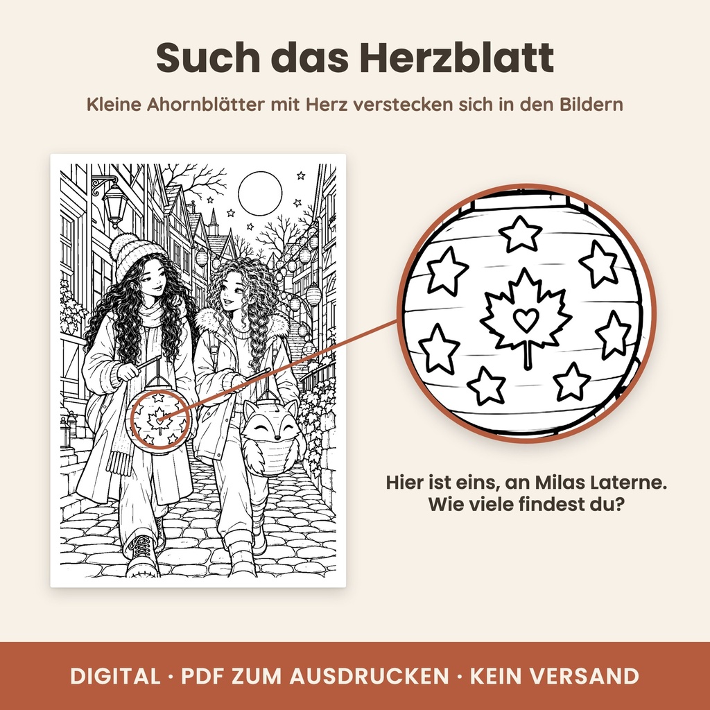 Herzblatt-Suchspiel: verstecktes Ahornblatt mit Herz auf jeder Seite (Cozy Malbuch, FLITCH)