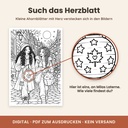Herzblatt-Suchspiel: verstecktes Ahornblatt mit Herz auf jeder Seite (Cozy Malbuch, FLITCH)