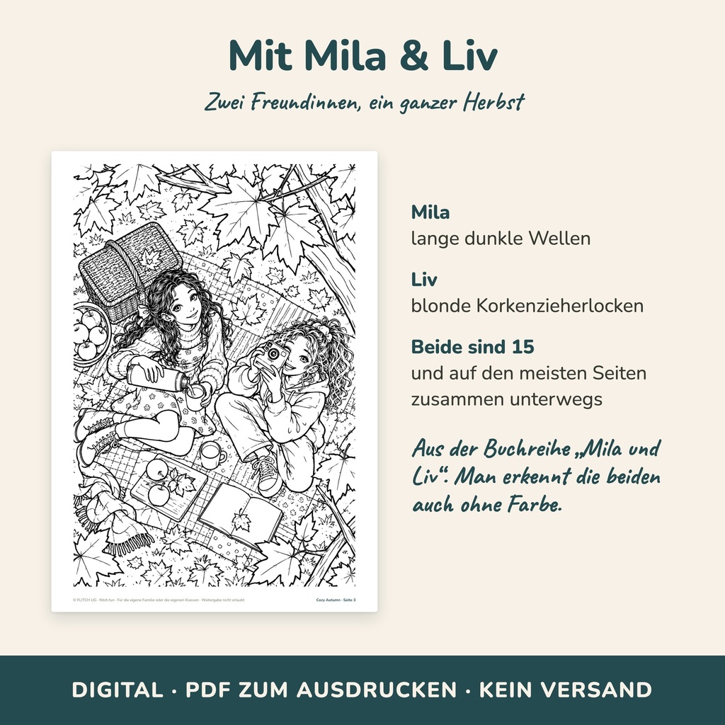 Mila und Liv aus der FLITCH-Buchreihe – die Figuren des Cozy Malbuchs