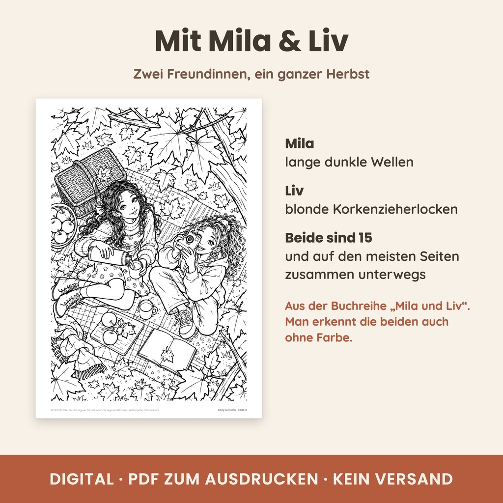 Mila und Liv aus der FLITCH-Buchreihe – die Figuren des Cozy Malbuchs