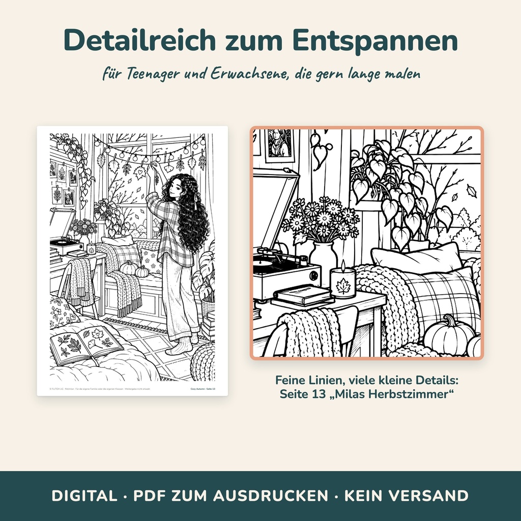 Detailreiche Malvorlagen in Nahaufnahme – Cozy Malbuch Herbst (FLITCH)