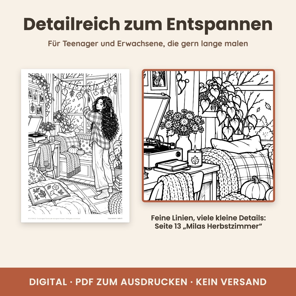 Detailreiche Malvorlagen in Nahaufnahme – Cozy Malbuch Herbst (FLITCH)