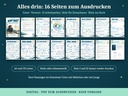 Übersicht aller 16 Seiten des Gefühlstagebuchs KOPF VOLL?: Cover, Vorwort, 12 Arbeitsseiten mit Check-in und Gefühlsrad, eine Seite für Erwachsene und ein Blick ins Buch