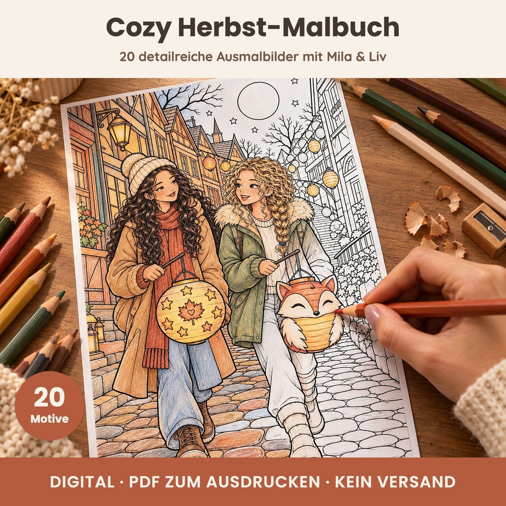 Cozy Malbuch Herbst – 20 Ausmalbilder mit Mila & Liv (PDF)